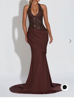 Brown Beaded Halter Maxi Dress with Draped Skirt